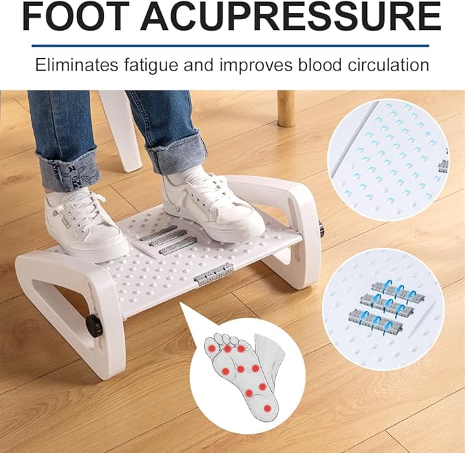 ZLMHYYM Foot Rest for Under Desk At Work - Six Heights Adjustable Under Desk Footrest - Ergonomic Foot Stools for Under Office Desks - Desks Foot Rest with Massage Rollers - Leg Rest for Chair (White)