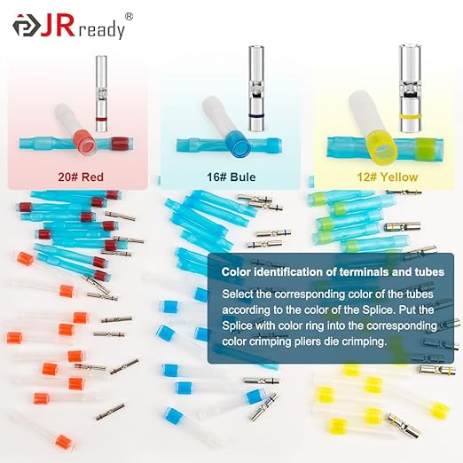 JRready 50 Sets M81824/1-3 Environmental Butt Splice Connectors 16-12 AWG, IP68 Waterproof Heat Shrink Crimp Splice Kit with PVDF & PE Insulation Sleeves for Automotive Marine & Aviation Wiring