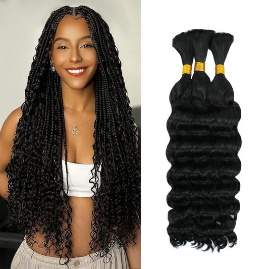 Deep Wave Human Braiding Hair for Boho Braids – 10 Inch 120g 3 Bundles/Pack Natural Black, 100% Unprocessed 12A Brazilian Virgin Hair Bulk, No Weft, Wet & Wavy Curly Knotless Extensions