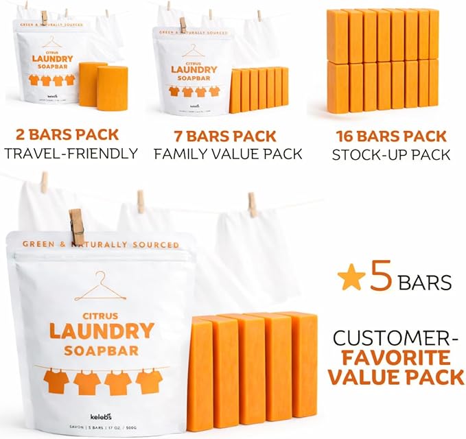 KELEBS Laundry Soap Bar â Family Pack (16 Bars) â Natural Citrus Formula with Organic Ingredients â Stain Remover for Delicate Clothes, Underwear, Collars