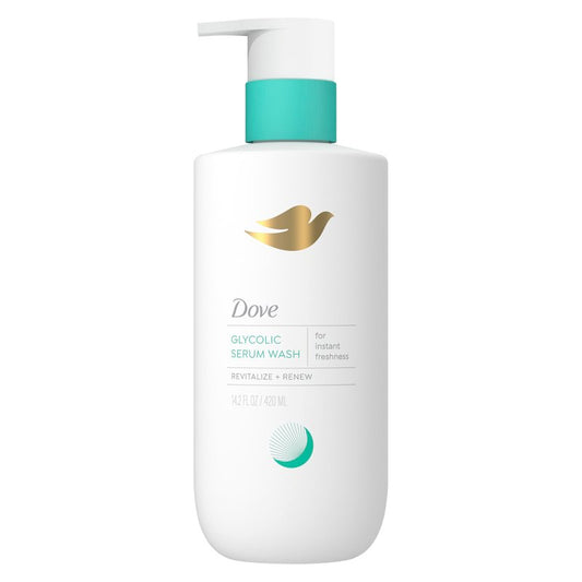 Dove Glycolic Serum Body Wash for Women, 14.2 oz | 2% glycolic acid body wash that helps control odor, smooth skin texture and support freshness during hormonal changes