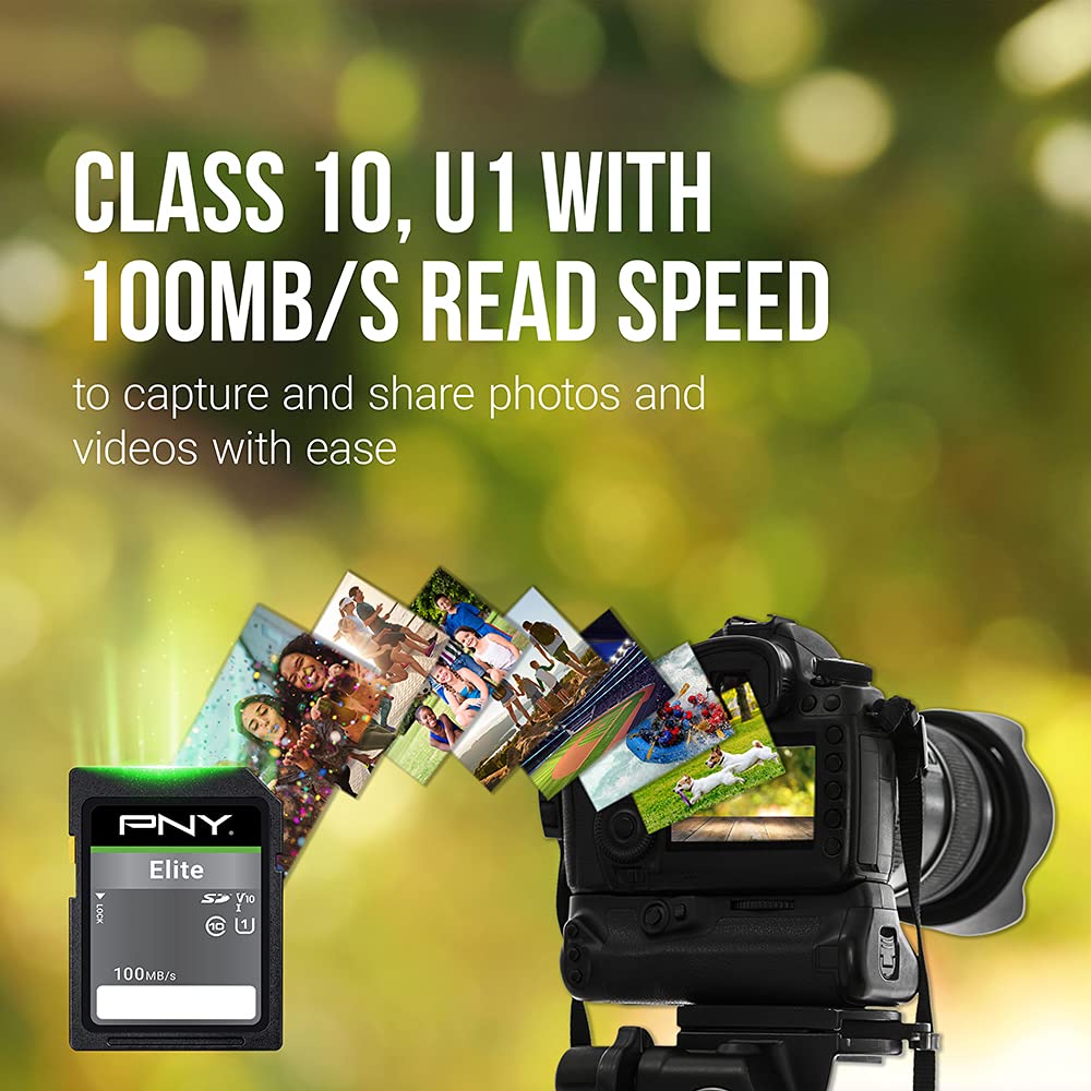 PNY 128GB Elite Class 10 U1 V10 SDXC Flash Memory Card - 100MB/s, Class 10, U1, V10, Full HD, UHS-I, Full Size SD (Pack of 1)