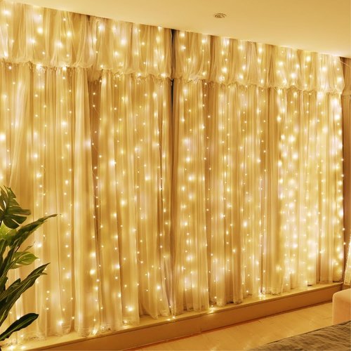 HXWEIYE 300LED Fairy Curtain Lights - 9.8x9.8Ft USB Plug-In with Remote | 8 Modes for Indoor Decor, Warm White
