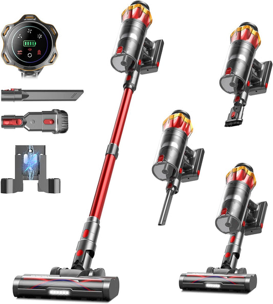 Skiennix Cordless Vacuum Cleaner - 650W Power, 70 Mins Runtime, Anti-Tangle Brush, OLED Touch Screen | Ideal for Hardwood Floors & Carpets (Red)