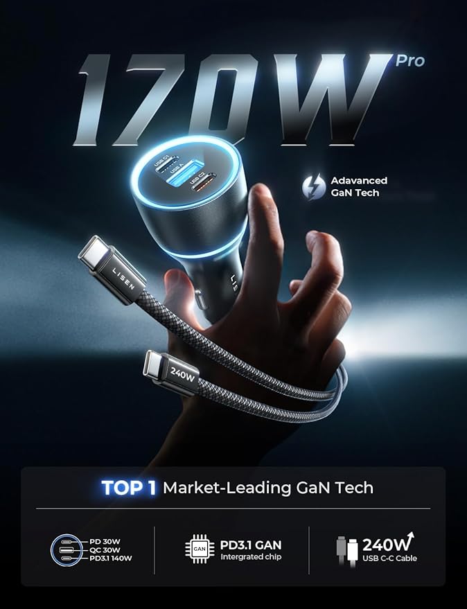 LISEN 200W Car Charger USB C Fast Charge [GaN] PD 140W Fast Car Charger USB C, Cigarette Lighter Adapter for Multi Device, for iPhone 17 16 15 14 13 12, MacBook Pro, Laptop, iPad, Samsung S26 S25