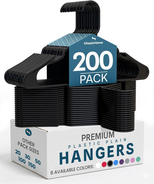 Utopia Home Plastic Hangers 200 Pack - Durable Space-Saving Clothes Hangers - Black Closet Organizers