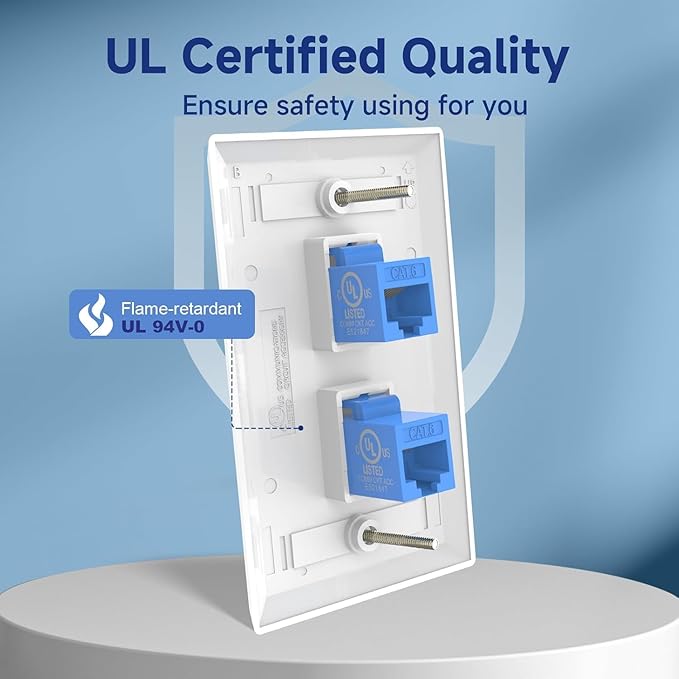 VCE Ethernet Wall Plate (UL-Listed), 2-Port CAT6 Wall Plate and Jack, RJ45 Keystone Wall Outlet with Single Gang Low Voltage Mounting Bracket, Blue 2-Pack