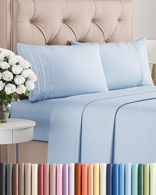 Queen Size 4-Piece Sheet Set | Skiennix Comfy Breathable Cooling Bed Sheets - Ultra-Soft, Deep Pockets, Sky Blue