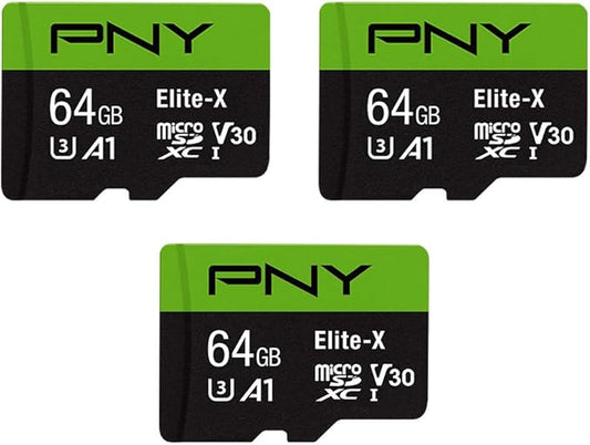 PNY 64GB Elite-X Class 10 U3 V30 microSDXC Flash Memory Card, 3 Count (Pack of 1) - 100MB/s, Class 10, U3, V30, A1, 4K UHD, Full HD, UHS-I, Micro SD
