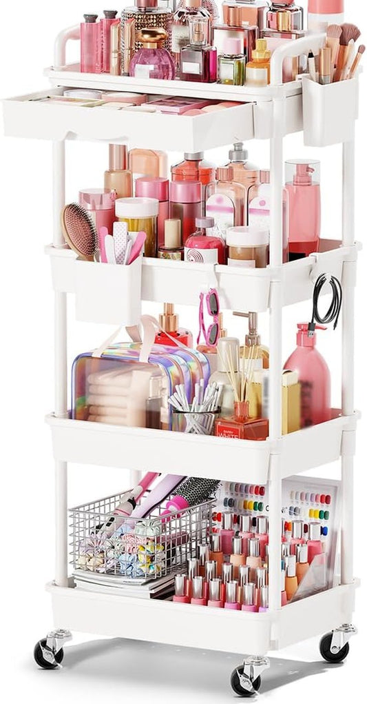 Rolling Makeup Organizer Cart - 4-Tier White Skincare Storage with Removable Drawer | Vanity & Beauty Display