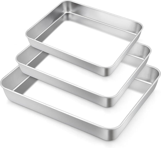 TeamFar Stainless Steel Baking Pans Set of 3 - Deep Rectangle Bakeware for Cookies & Cakes | 12.5/10.5/9.4 Inch