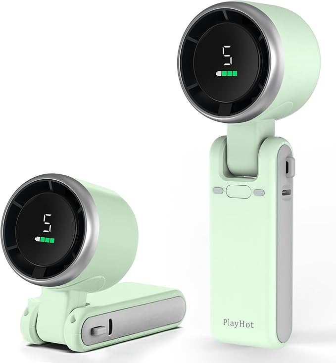 PlayHot Portable Handheld Turbo Fan, 5-Speed Personal Fan, USB-C Rechargeable Fan Up to 12 Hours, 3 IN 1 Hand Fan with Air Turbo Tech Cooling, Travel Fan for Cruise, Beach, Gifts for Women (Green)