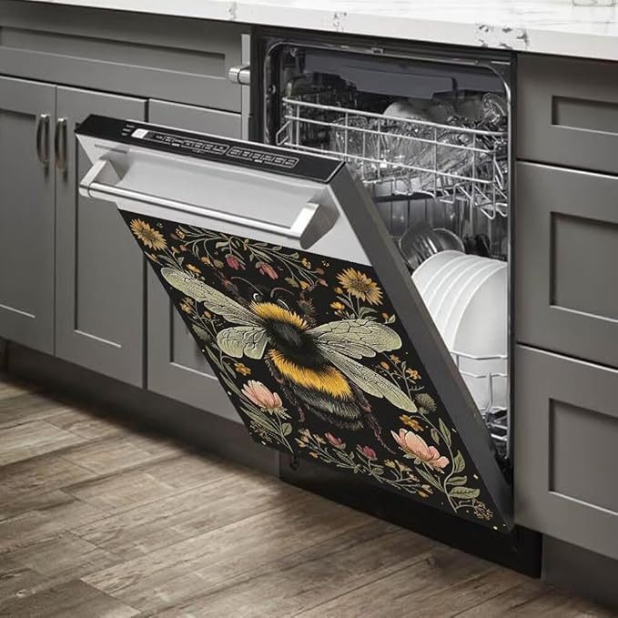 Flower and Bee Pattern Dishwasher Magnetic Cover Sticker Magnetic Refrigerator Full Door Cover Sticker Kitchen Decor Panel Decal 23W x 17H inchs