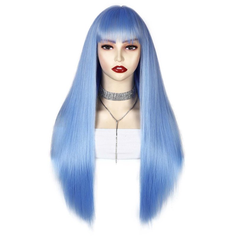 Lady Hanne Long Straight Wig With Bangs Light Blue Silky Straight Hair Wigs for Women 28 Inch Synthetic Heat Resistant Fiber Wig for Cosplay Daily Party Use