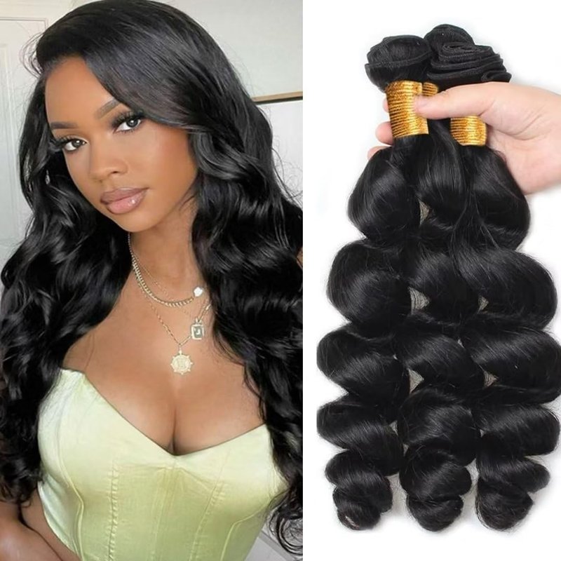 Loose Wave Bundles Human Hair 3Bundles Brazilain Virgin Loose Wave Human Hair Bundles Natural Black Color Can be Dyed (Natural Black, 10 10 10 Inch)