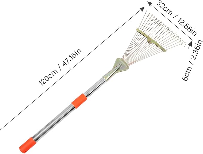 Heavy Duty Garden Leaf Rake 18 Stainless Steel Tines, Telescopic Extendable Handle 80cm for Lawn and Turf Cleaning, Landscape Hand Rake for Yard and Leaf Removal