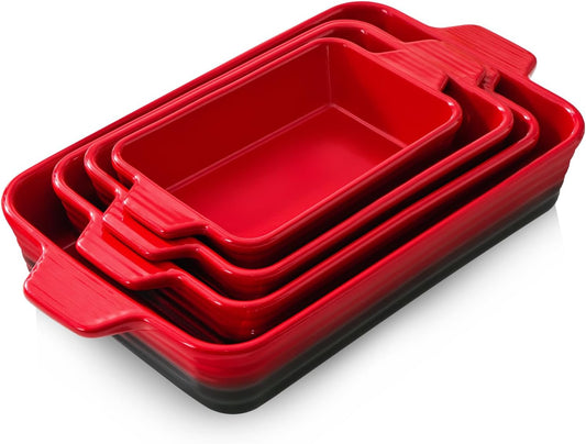 Skiennix Casserole Dishes - Heat-Resistant Ceramic Bakeware Set of 4 | Ideal for Lasagna, Cake & More (Red, 9.4"-14.7")