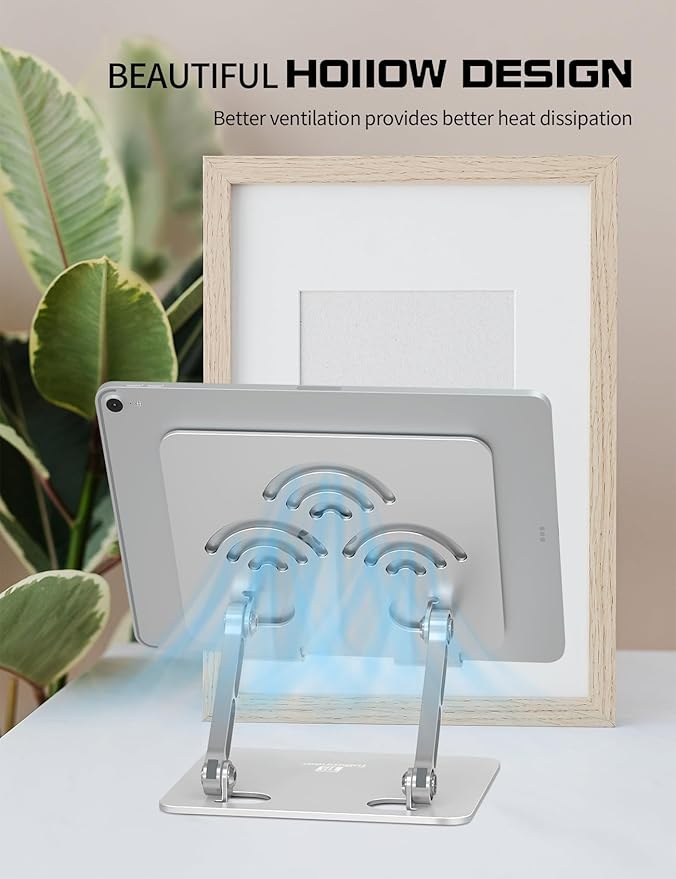 ToBeoneer Adjustable Tablet Stand for Desk, Premium Aluminum Holder for iPads, Tablets, Kindles, Switch, Phones, and All Devices up to 14 Inches. Portable and Foldable Silver, Plus Size