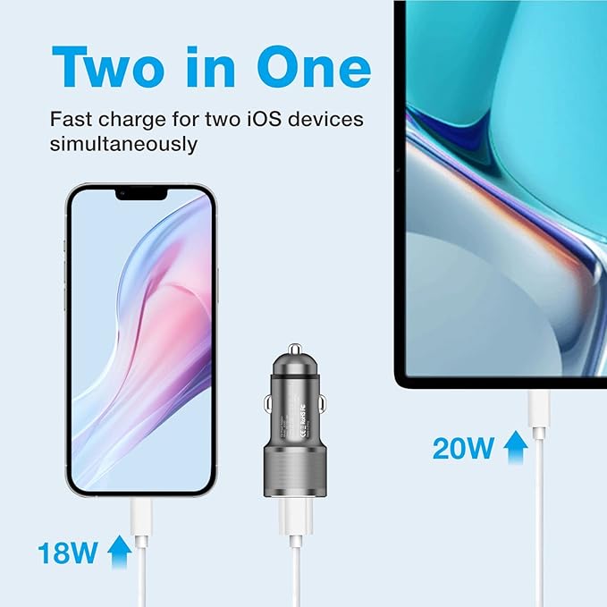 MOCA 38W Fast Car Charger, 2-Port PD/QC 3.0 All Metal Car Power Adapter W/2 PCS 3.3ft PD Lightning Cord Quick Charging for iPhone 17/16/15 Series, Samsung Galaxy S25/S24/S23 Series, iPad Pro, AirPods
