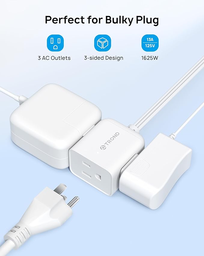 TROND Flat Extension Cord 15ft with 360° Rotating Plug, ETL Listed 3 Prong Power Strip, Low Profile Three Outlets, 13A, SPT 16/3 Gauge, Small for Tight Spaces Indoor Home Office Kitchen Bedroom, White