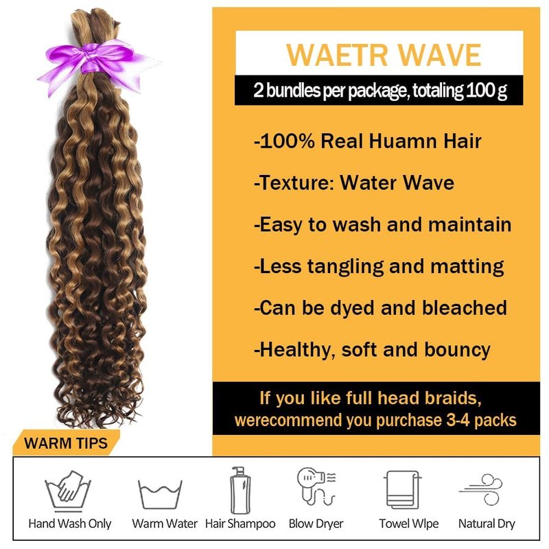 Human Braiding Hair for Boho Knotless Braids Bulk Curly Bundles Human Hair for Micro Braiding Wet and Wavy Water Wave No Weft Human Hair Extension for Box Boho Braids with 4/27# 18inch