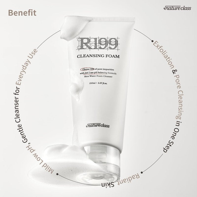 NATURECLASS R199 Rice Enzyme Cleansing Foam – Deep Cleanser for Sensitive Skin, Blackhead & Pore Care, Double Cleansing, Aloe & Hyaluronic Acid, Korean Skin Care, Fragrance Free, 5.07 fl oz