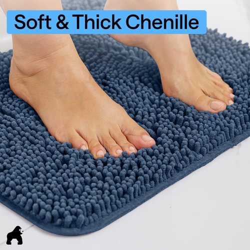 GORILLA GRIP Bath Rug Mat - Soft Absorbent Chenille | Quick-Dry Microfiber, 60x17, Navy Blue