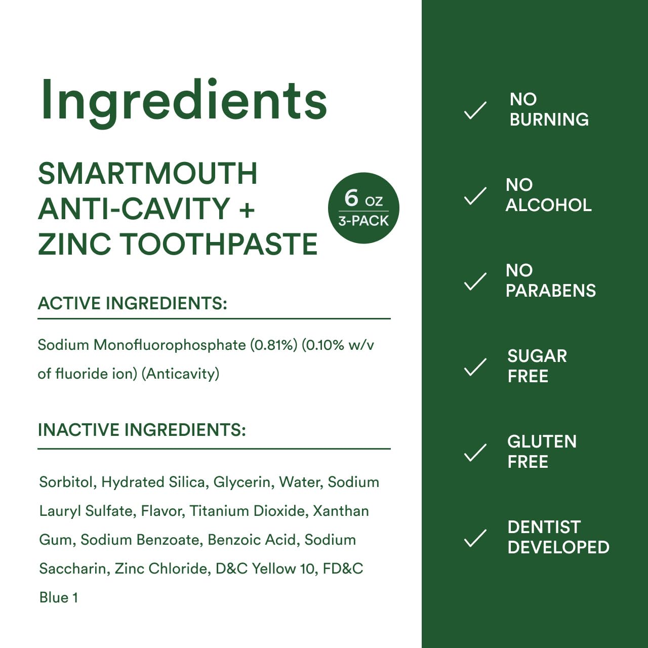 SmartMouth Anti-Cavity + Zinc Toothpaste - Fluoride for Cavity Prevention - Remineralizes Enamel - Sensitive Whitening - Alcohol-Free, Sugar-Free & Gluten-Free - 6 oz, 3-Pack