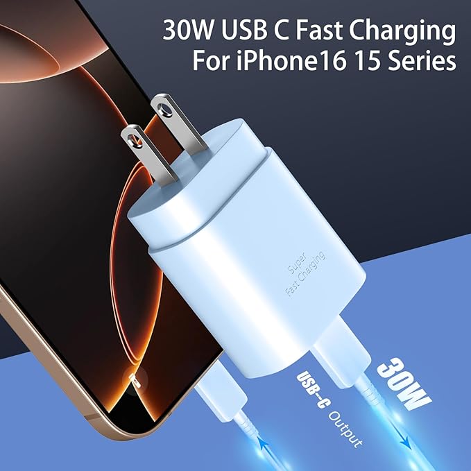 Phone 17 16 15 Charger Fast Charging,30W USB C Phone 17 16 15 Pro Max Charger Block &10FT Long Type C Cable Cord for i.Phone 17/Air/17 Pro/17 Pro Max/16/16 Plus/16 Pro/16 Pro Max/15/15 Pro Max,Blue