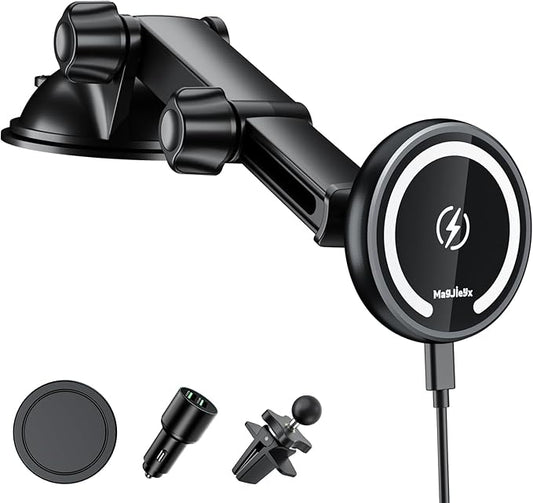 MAGJIEYX for Magnetic Magsafe Car Mount Charger, Wireless Car Charger with Fast 36W QC3.0 Charging Adapter Retractable Arm Phone Holder Fits iPhone 15/14/13 Plus/MagSafe Case,Dashboard/Vent/Windshield