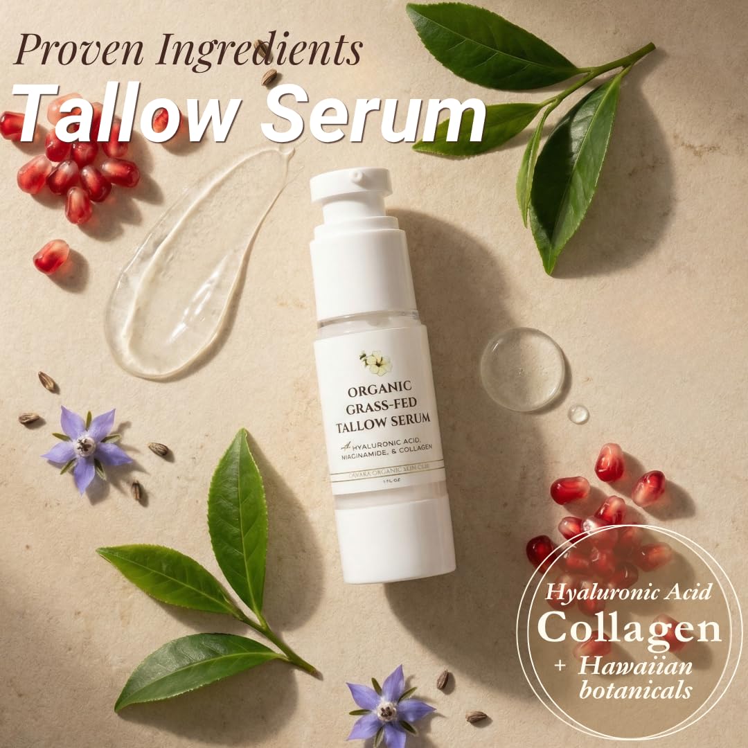 Eavara Beef Tallow Serum for Men & Women - Grass Fed All-Natural Tallow with Hyaluronic Acid, Collagen & Jojoba Oil - Firms & Reduces Wrinkles - Made in USA, Sensitive Skin Safe - 1.0 Fl Oz