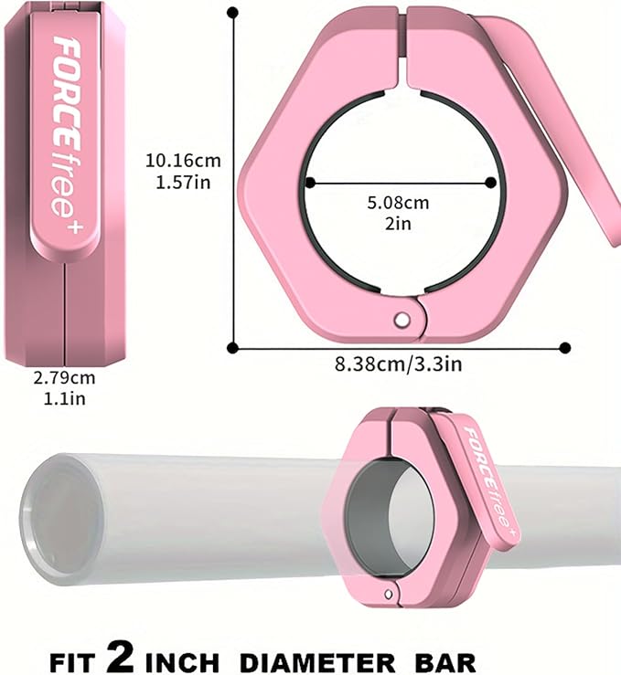 Forcefree+ Barbell Clips (Pair), Barbell Clamps, Quick Release Olympic Barbell Clamps with Anti Slip TPR Grip, Barbell Collars for Secure Weightlifting & Powerlifting (Non Magnetic, Pink)