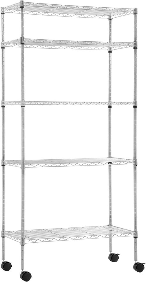 BestOffice Heavy-Duty 5-Tier Wire Shelving Unit - Adjustable Metal Storage Rack with Wheels, 14"x30"x60", Chrome