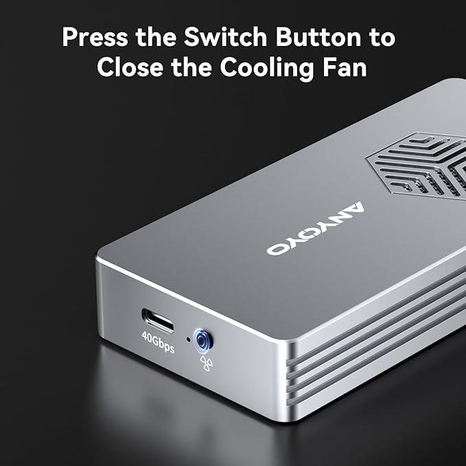 ANYOYO 40Gbps M.2 NVMe SSD Enclosure with Cooling Fan, Aluminium Alloy Enclosure Compatible with Thunderbolt 4/3/USB4, Support M/B+M Key SSD, Tool-Free Installation