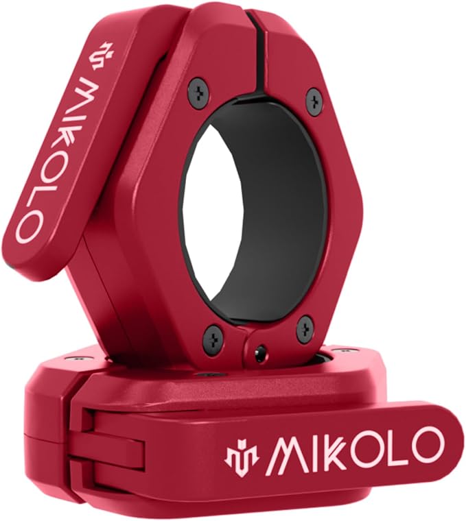 Mikolo Barbell Clamps,2-Inch Olympic Barbell Clips with Anti-Slip TPR Lining and Quick Release for Home and Gym Use(Magnetic Red
