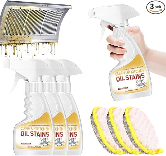 Heavy-Duty Kitchen Degreaser Foam Cleaner, Powerful Kitchen Degreaser Spray & Dual Side Scrub Sponge Set Grease Remover for Stove Range Hood (3, Standard)