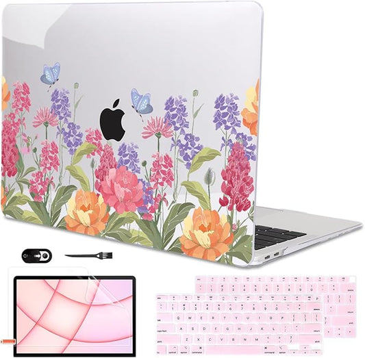 LCMOCICO for MacBook Air 13 inch M1 Case 2021 2020 2019 2018 (Model M1 A2337 A2179 A1932) with Touch ID & Retina Display, Printed Pattern Hard Shell Case Keyboard Cover, Pink & Purple Flowers