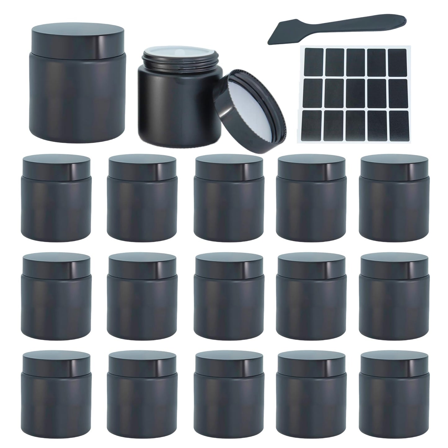 Lustervial 16Pack 4oz small glass jars with lids, lotion container, cosmetic containers, little travel jars for creams with mini spoon, Black Label (Matte Black)