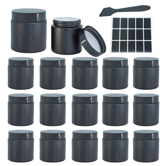 Lustervial 16Pack 4oz small glass jars with lids, lotion container, cosmetic containers, little travel jars for creams with mini spoon, Black Label (Matte Black)