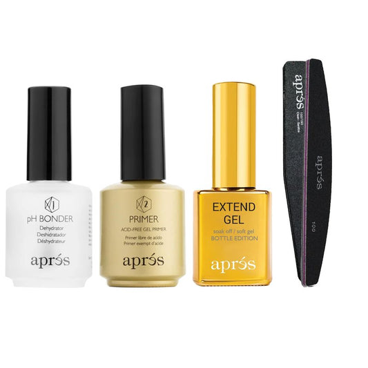APRÃS Apres Gel-X Essentials - Extend Gel, pH Bonder, Acid-Free Gel Primer, Curved Nail File 100/180 Grit, Nail Buffer