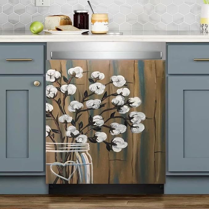 Bless Family Dishwasher Cover Floral Sticker Kitchen Decor,Cotton Bolls Painting Fridge Magnetic,Flower Vase Refrigerator Magnets Decal,Appliance Magnetic Panel 23"x26"