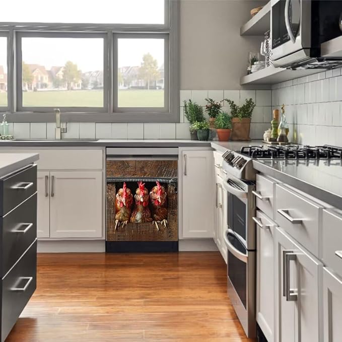 Wood Board and Rooster Wallpaper Dishwasher Magnet Cover Sticker Magnetic Refrigerator Panel Sticker Decorative Front Door Decal 23W x 26H inchs