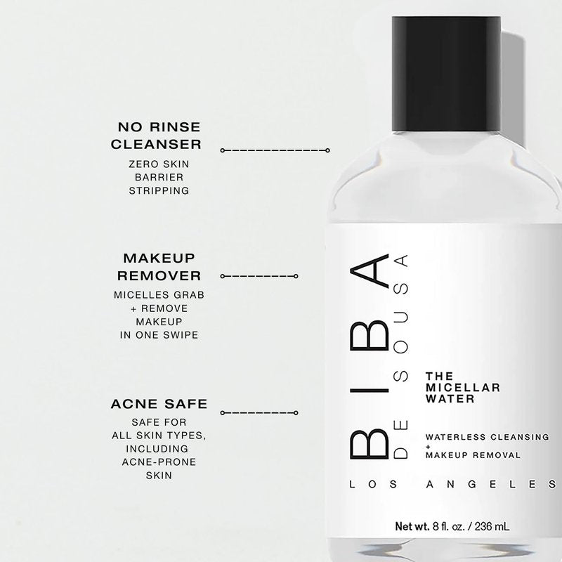 Biba De Sousa The Micellar Water, No-Rinse Cleanser & Facial Makeup Remover - Soothing Cleanser for Sensitive Skin - For All Skin Types (8oz)