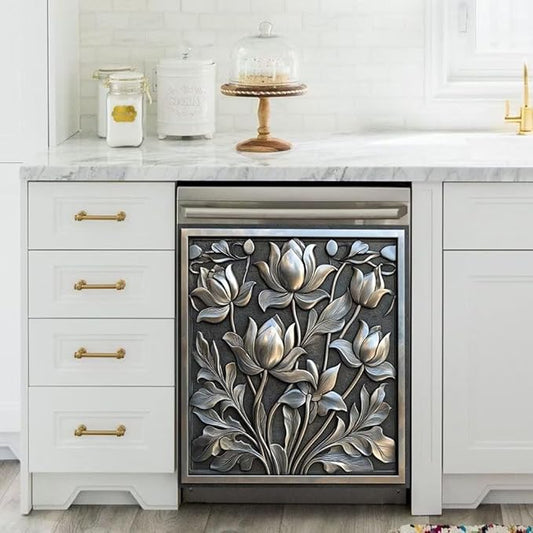 Dishwasher Magnet Cover Stainless Steel Look Flower Dishwasher Front Panel Decorative, Magnetic Appliance Cover Kitchen Decor Home Refrigerator Magnets Sticker 23" W x 26" H