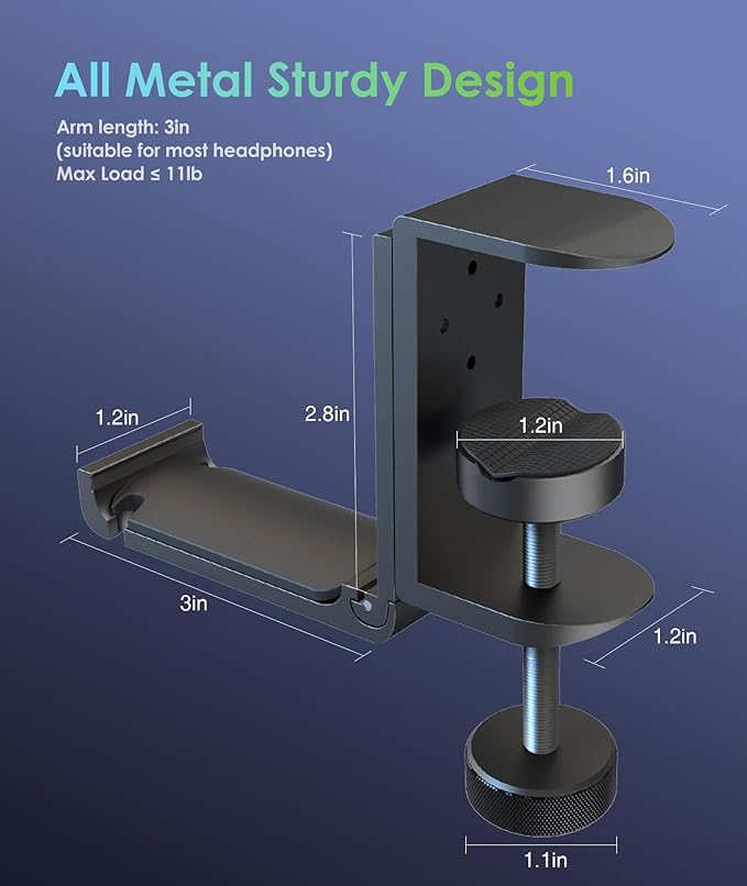6amLifestyle Foldable All Aluminum Headphone Hook Holder for Desk, Under Desk Headphone Hanger Stand with Cable Organizer, Headset Holder Clamp for PC Gaming Headsets, Bag Hooks Accessories