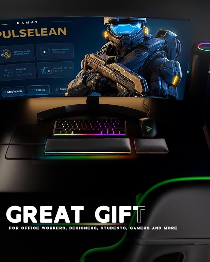 ASFSKY RGB Keyboard and Mouse Wrist Rest Set for 60%-75% Compact Keyboards – Ergonomic Wooden Support Pad with PU Leather & Memory Foam, Anti-Slip Rubber Base for Gaming, Office & Typing Pain Relief