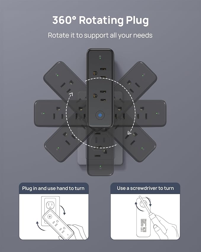 TROND Outlet Extender Surge Protector - 6 AC Outlet Splitter with 360° Rotating Plug, 1440J Multi Plug Expander, 3 Way Charging Station, Wall Adapter for Bathroom Kitchen Travel, Black