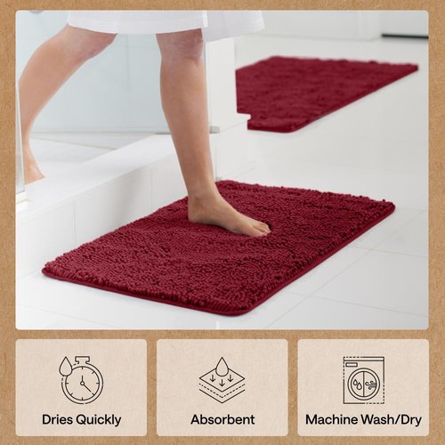 GORILLA GRIP Bath Rug Mat 30x20, Thick Soft Absorbent Chenille, Quick Dry Microfiber Mats, Rubber Backing Washable Shower Floor Rugs, US Designed Bathroom Bathmat Home Decor Accessories, Burgundy
