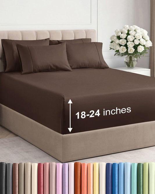 Skiennix Extra Deep Queen Sheet Set - 6 Piece Breathable Cooling Bedding - Soft Wrinkle-Free Brown