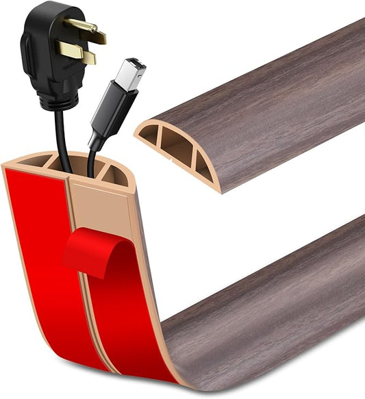 Floor Cord Cover Self Adhesive Cord Hider Floor Extension Cord Covers for Floor Power Cord Protector Cable Management Prevent Cable Trips Cable Cavity 0.47" W x 0.27" H (Brown Walnut Wood, 10Ft)